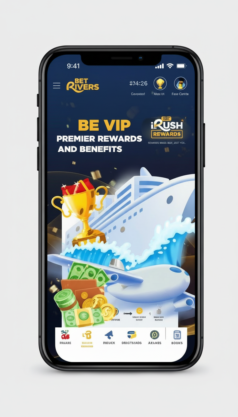 BetRivers app iRush Rewards VIP benefits screen with cruise ship and rewards