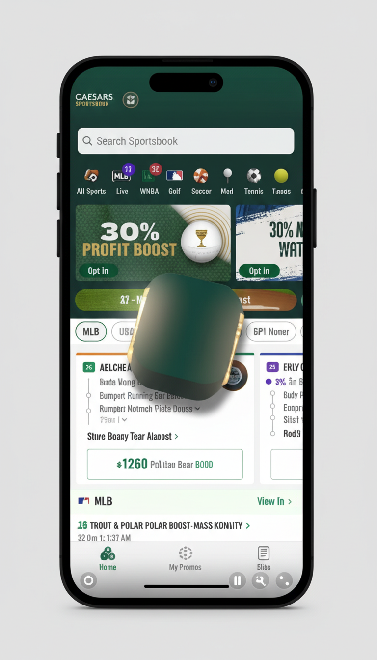 Caesars Sportsbook app home screen with 30% profit boost and MLB betting