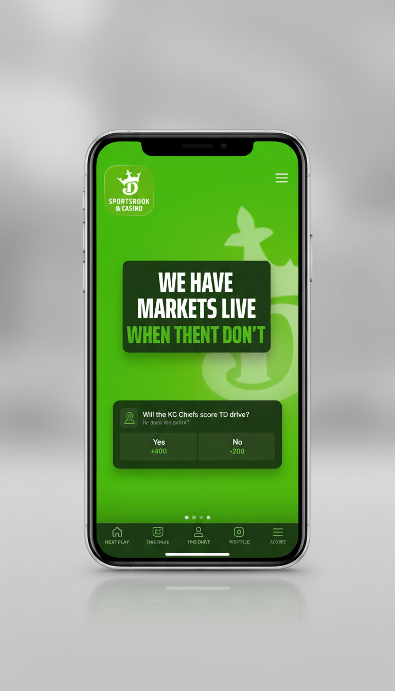 DraftKings app live markets screen with KC Chiefs touchdown betting options