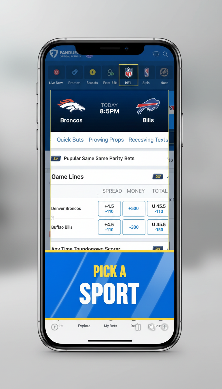 FanDuel app NFL betting screen showing Broncos vs Bills game lines and spreads