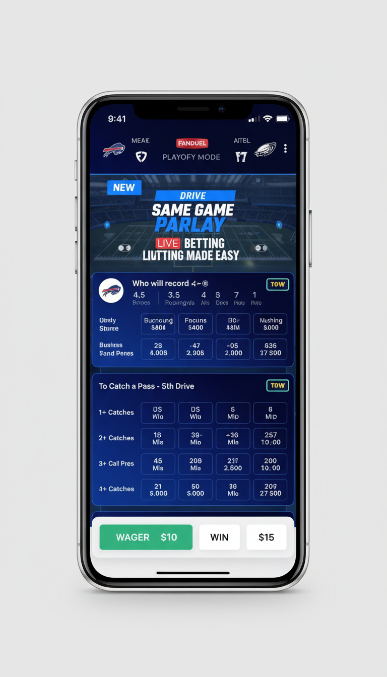 FanDuel app Same Game Parlay builder with live betting interface