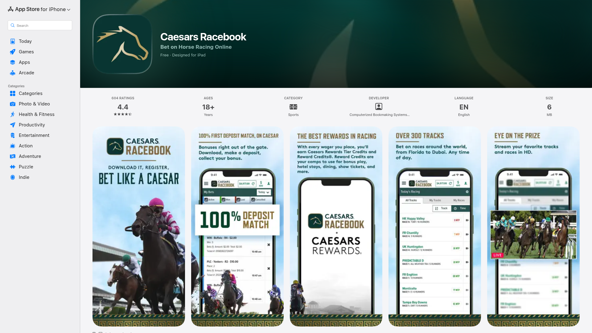Caesars Racebook app screenshot showing horse racing betting interface