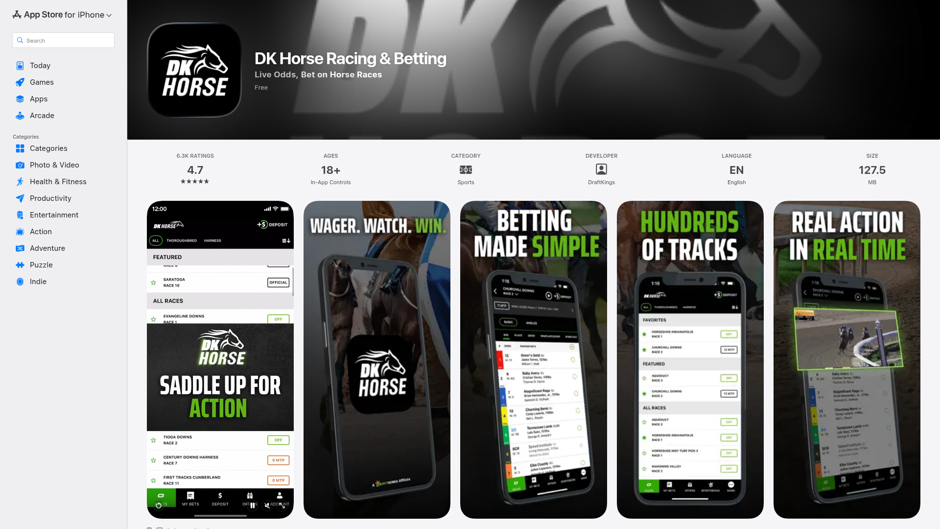 DK Horse app screenshot showing horse racing betting interface