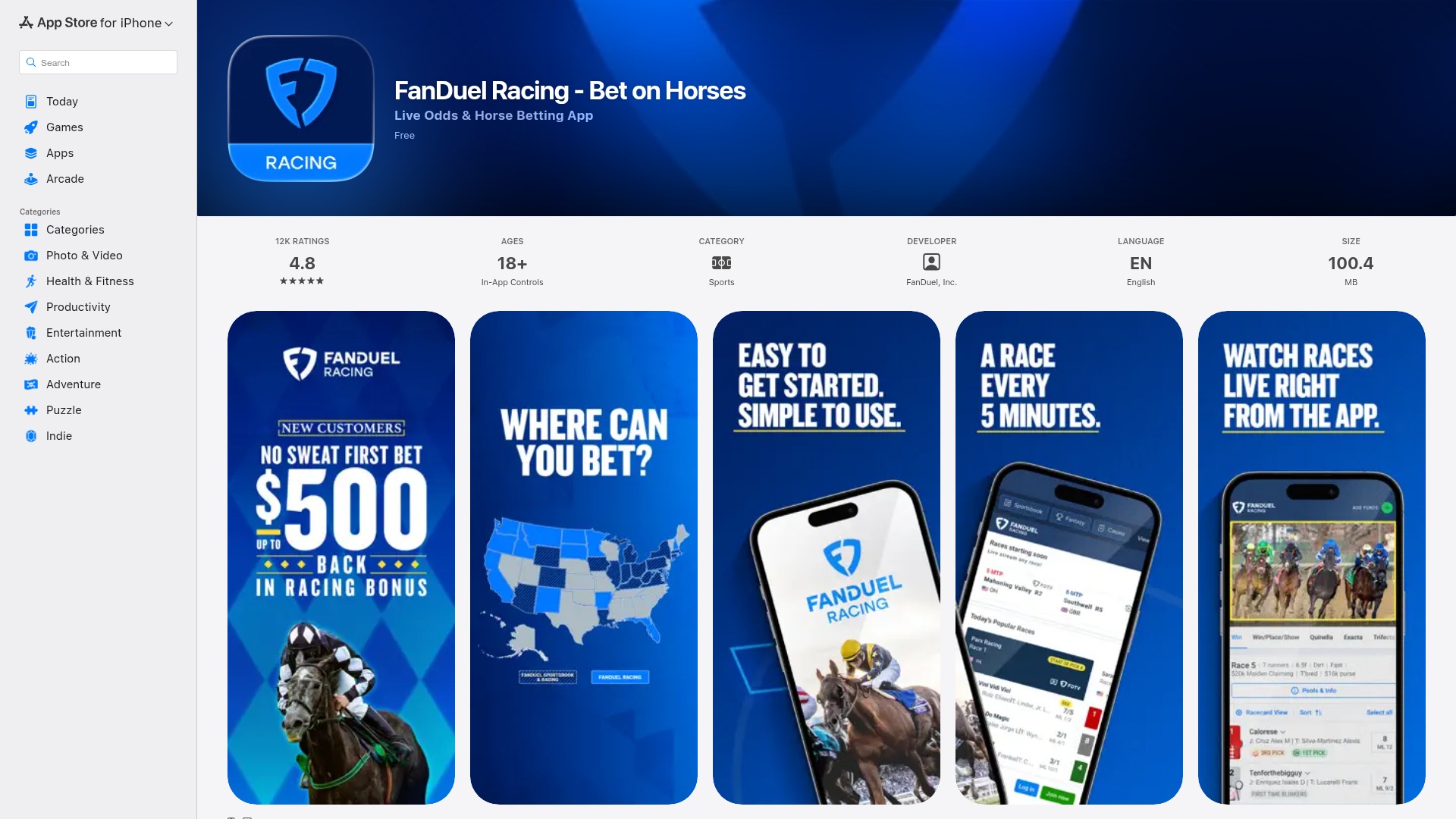 FanDuel Racing app screenshot showing horse racing betting interface
