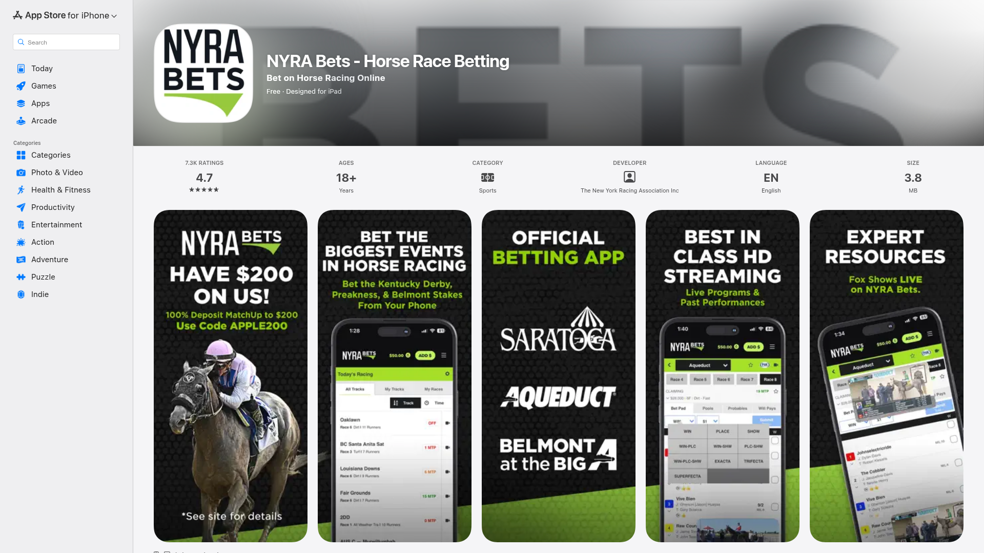 NYRA Bets app screenshot showing horse racing betting interface