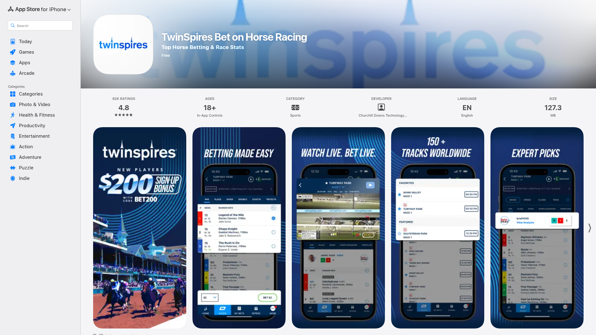 TwinSpires app screenshot showing horse racing betting interface