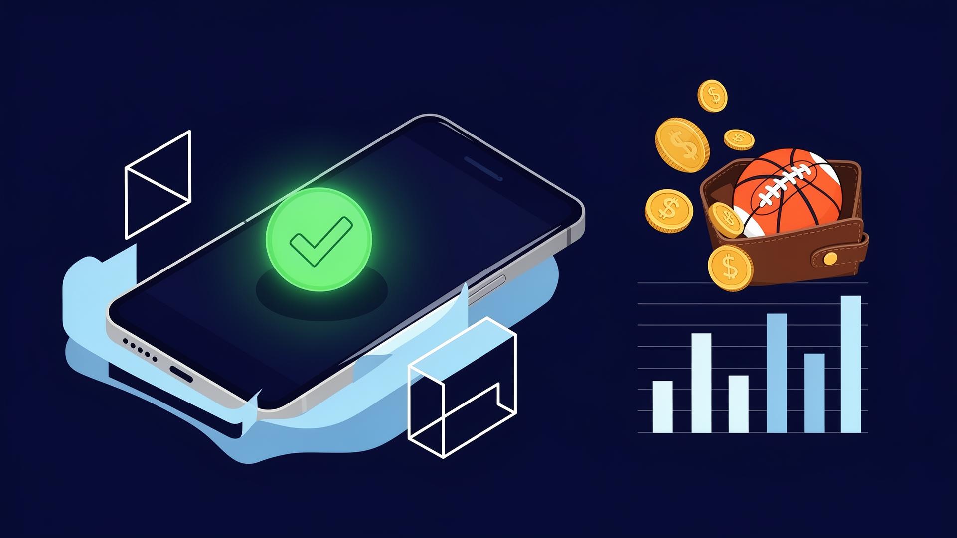 New York sports betting apps illustration showing mobile phone with verified checkmark, wallet with coins and sports balls, and betting statistics chart representing legal NY sportsbooks