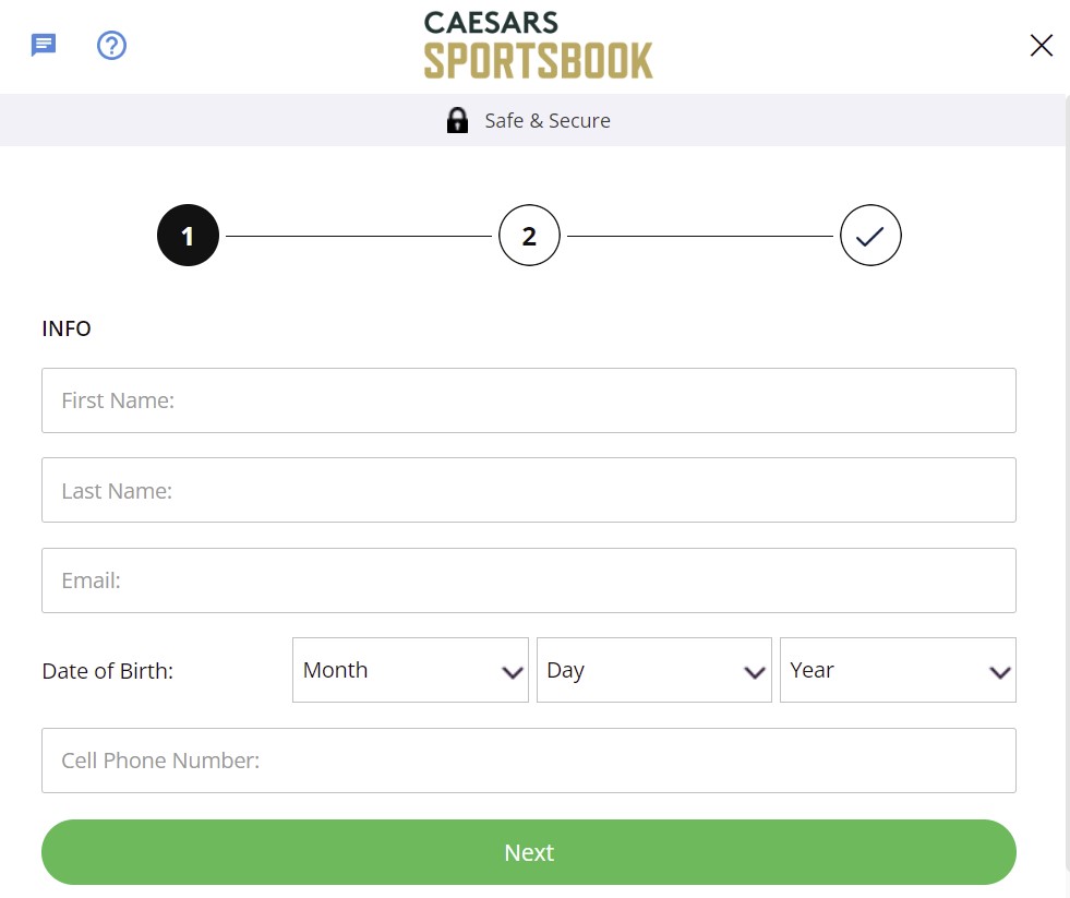 Caesars NY Bonus Code Sign-up Form