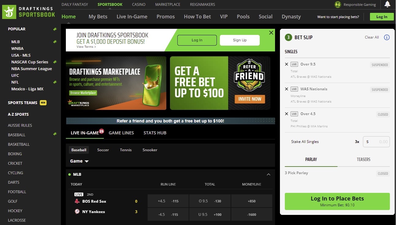 DraftKings Sportsbook New York mobile app interface showing live betting, same game parlays and Dynasty Rewards