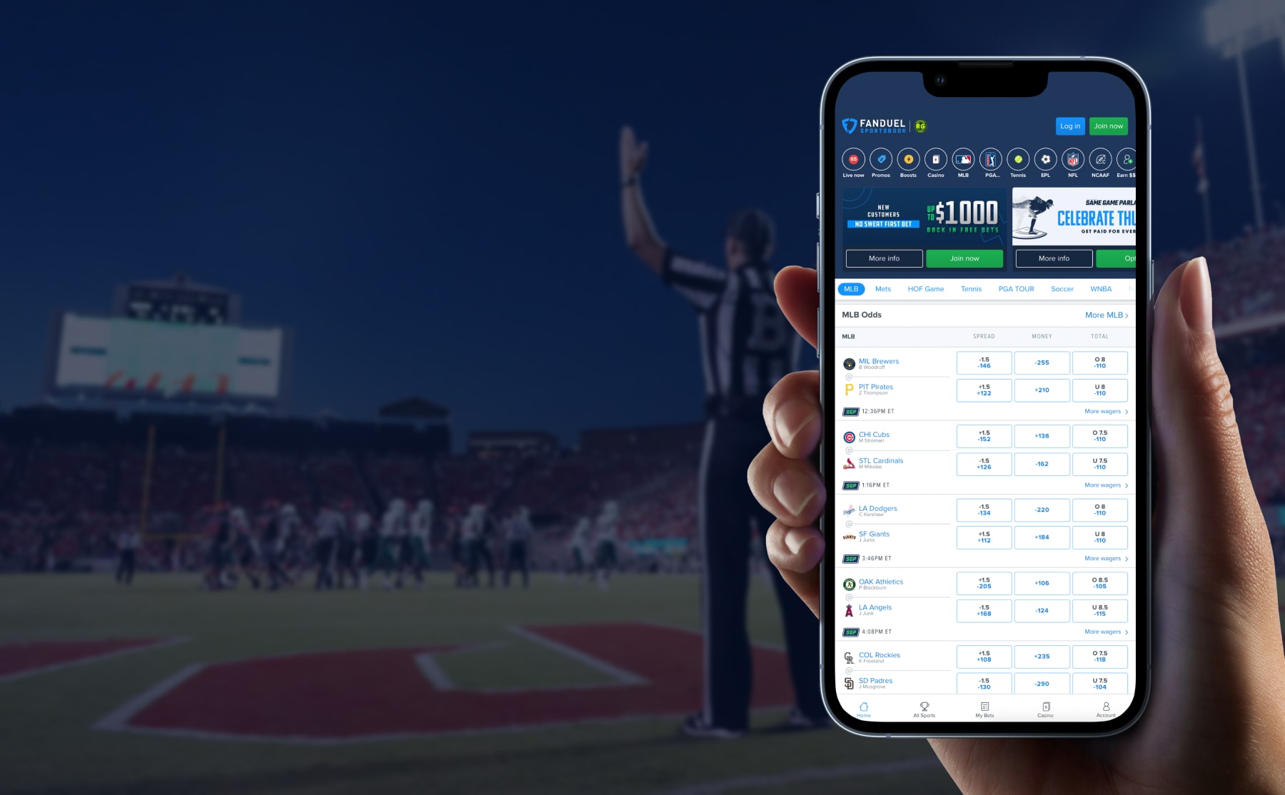FanDuel Sportsbook New York mobile app interface showing the live betting screen and same game parlay builder