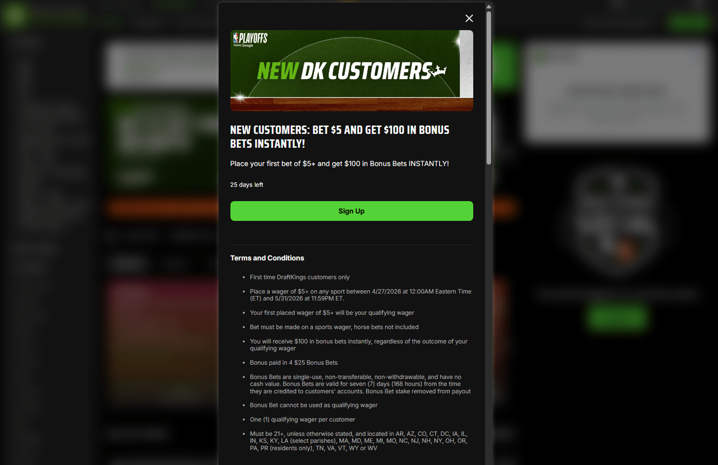 DraftKings Sportsbook New York welcome offer banner - Bet $5 Get $100 in Bonus Bets instantly for new customers 21+ NY only