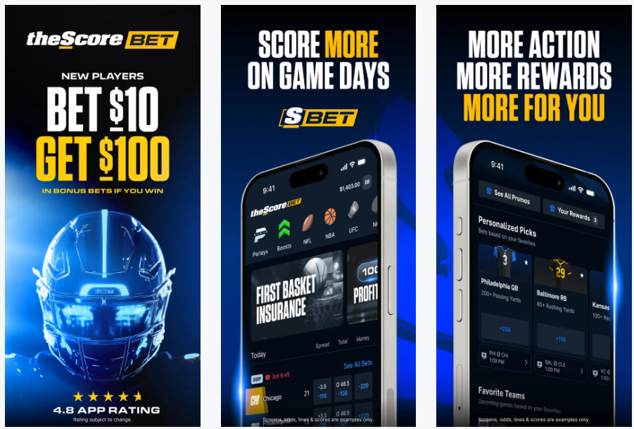 theScore Bet New York welcome offer banner - Bet $10 Get $100 in Bonus Bets - promo code THESCORE - new customers 21+ NY only