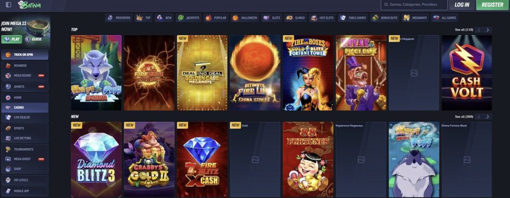 Betinia Casino NJ slots lobby with top and new games
