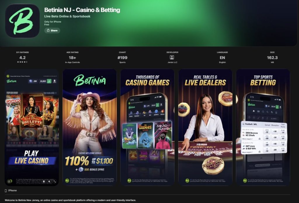 Betinia NJ app on the App Store rated 4.2 out of 5