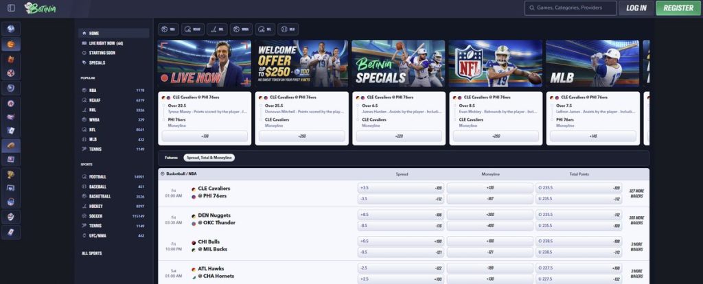Betinia sportsbook NJ NBA odds board with spreads, moneylines and totals