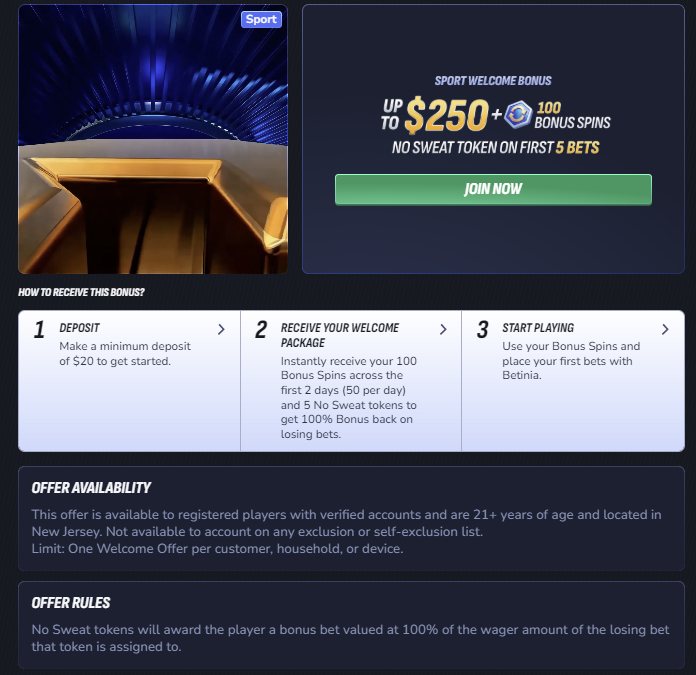 Betinia sportsbook No Sweat tokens welcome offer terms